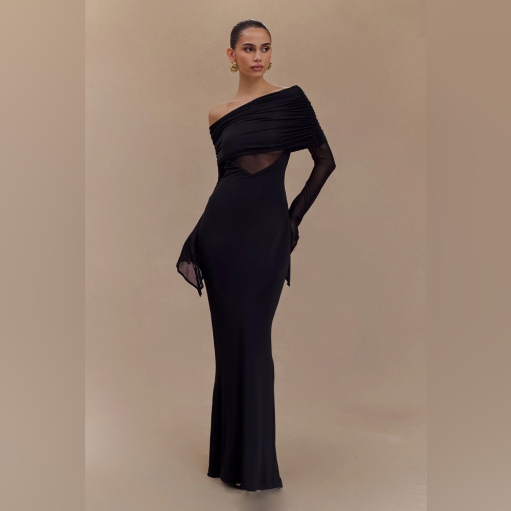 Meshki One Shoulder Slinky And Mesh Maxi Dress - Black Size S NWT